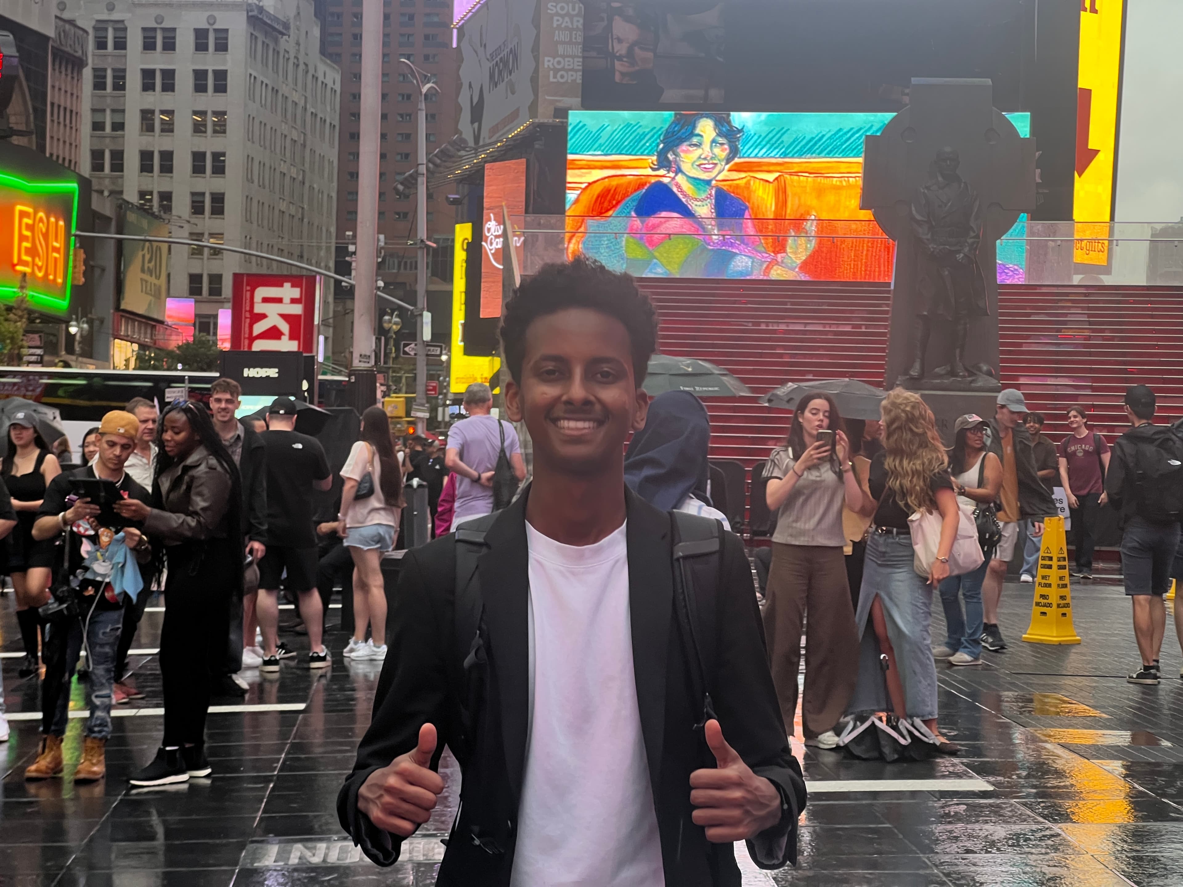 Adam in Times Square during the SEO Tech internship trip to New York City